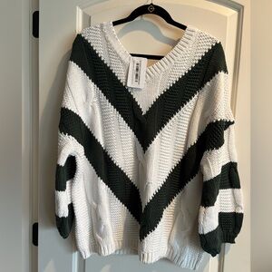 V-Neck Chevron Knit Green and White Sweater